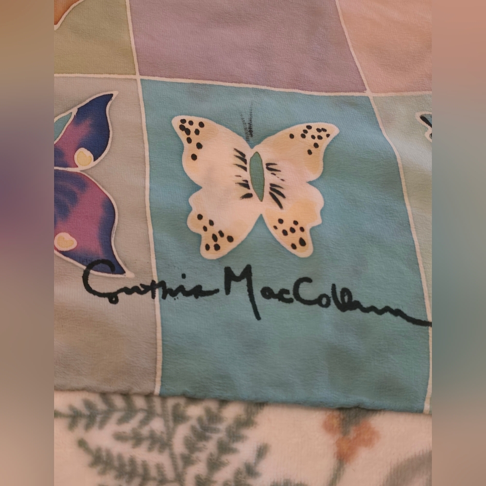 Cynthia MacCollum Hand Painted Silk Scarf Signed Dragonfly Butterfly 54" L/17" A